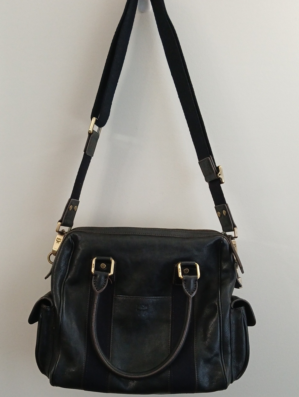 MCM Black Leather Handbag with Gold Plaque And Coin Purse
